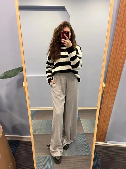 Keten Bel Lasti̇kli̇ Yirtmaç Detayli Pantolon - 3