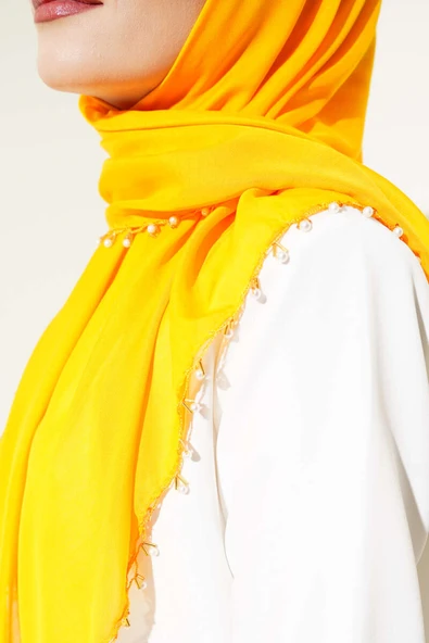 Kenarları Boncuk İşlemeli Yazma Hardal - Resim 4