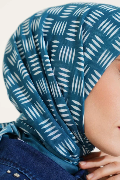 Kibrit Desen Yazma Eşarp Petrol - Resim 4