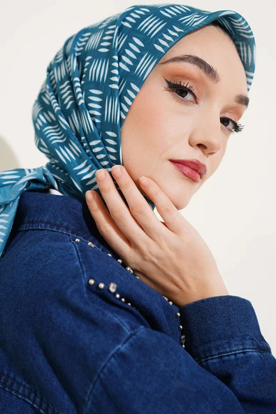 Kibrit Desen Yazma Eşarp Petrol - Resim 2