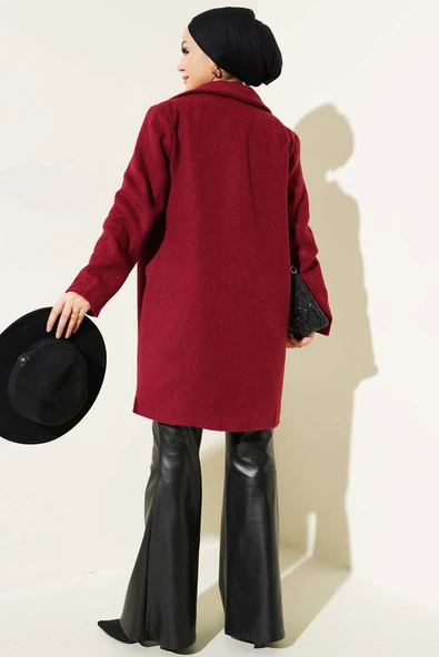 Kruvaze Yaka Astarlı Kaşe Kaban Bordo - Resim 3