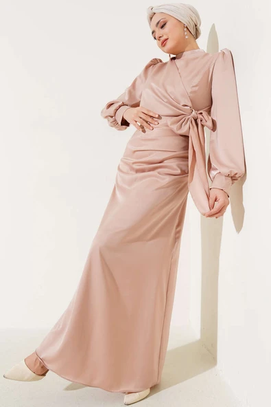 Yandan Bağlamalı Saten Elbise Pudra ürün görseli 1