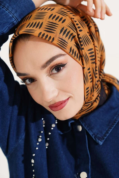 Kibrit Desen Yazma Eşarp Hardal - 2