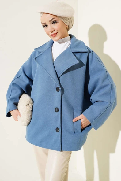 Yarasa Kol Kısa Kaşe Kaban İndigo ürün görseli 1