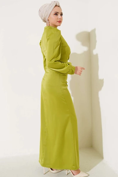 Yandan Bağlamalı Saten Elbise Yağ Yeşili - Resim 3