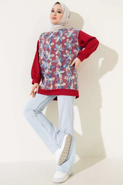 Tül Çiçekli İki İplik Tunik Bordo - Resim 2