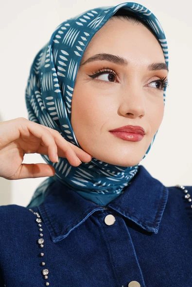 Kibrit Desen Yazma Eşarp Petrol ürün görseli 1