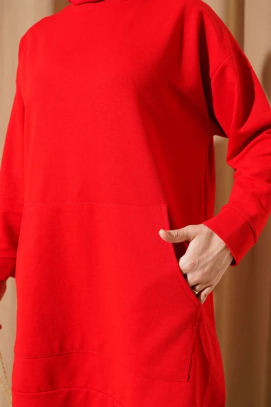 Kanguru Cepli İki İplik Tunik Kırmızı - Resim 4