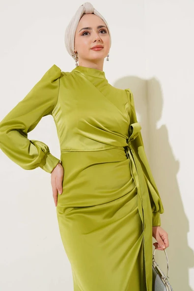 Yandan Bağlamalı Saten Elbise Yağ Yeşili - Resim 2