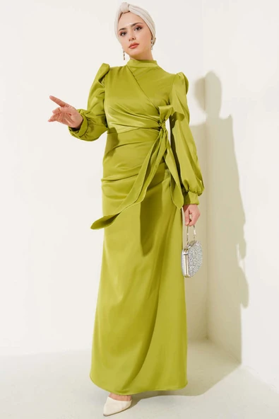 Yandan Bağlamalı Saten Elbise Yağ Yeşili ürün görseli 1