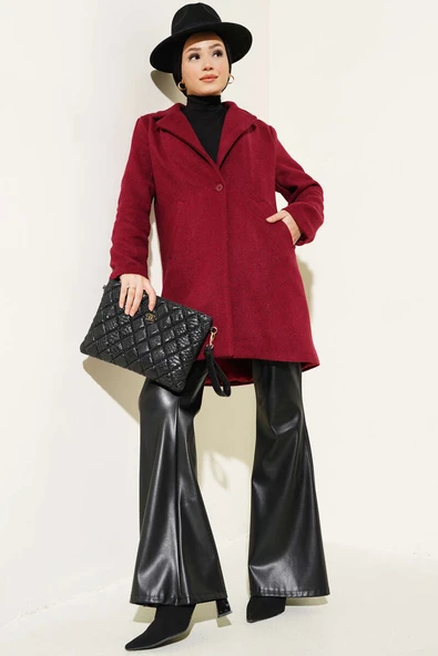 Kruvaze Yaka Astarlı Kaşe Kaban Bordo - Resim 2