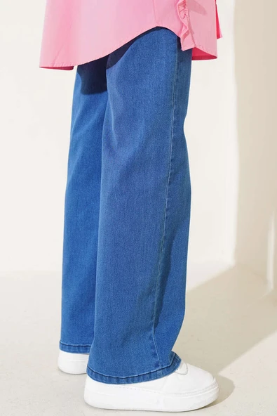 Kuşaklı Geniş Paça Kot Pantolon Mavi - Resim 3