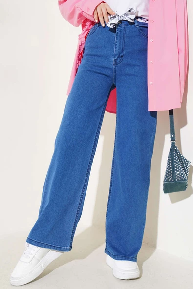 Kuşaklı Geniş Paça Kot Pantolon Mavi ürün görseli 1