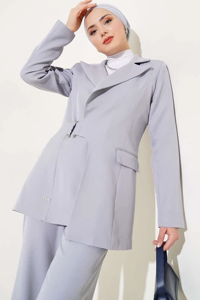 Ceketli Kruvaze Yaka İkili Takım Gri - Resim 2