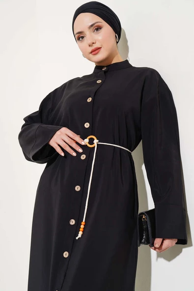 Boydan Tahta Düğmeli Tensel Elbise Siyah - 2