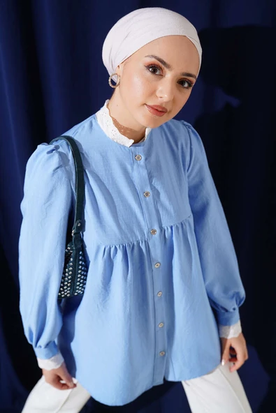 Yaka Brodeli Çizgili Gömlek Mavi