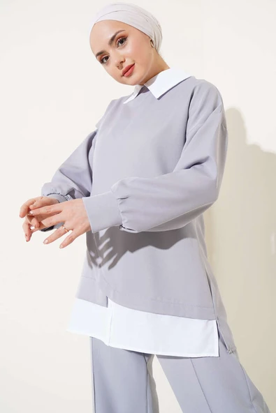 Gömlek Garnili Tunik İkili Takım Gri - 2