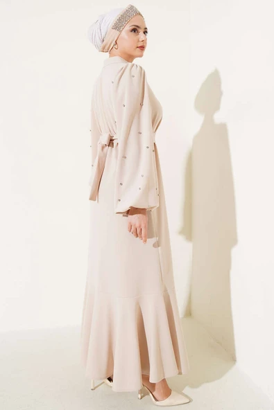 Yarım Taş Düğmeli Volanlı Elbise Taş - Resim 3