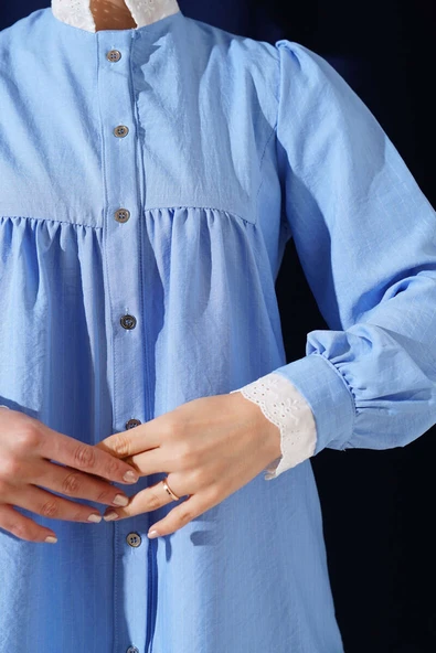 Yaka Brodeli Çizgili Gömlek Mavi - 4