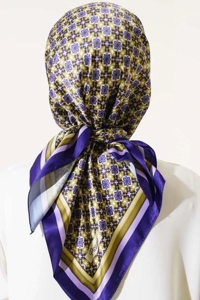 Lotus Çiçeği Desen Saten Eşarp Mor - 3