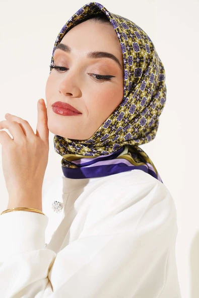 Lotus Çiçeği Desen Saten Eşarp Mor - 2