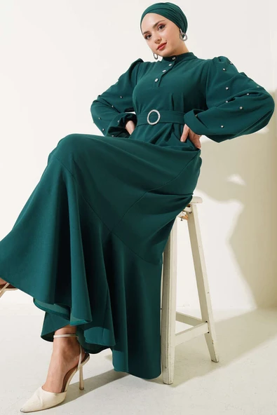 Yarım Taş Düğmeli Volanlı Elbise Zümrüt ürün görseli 1