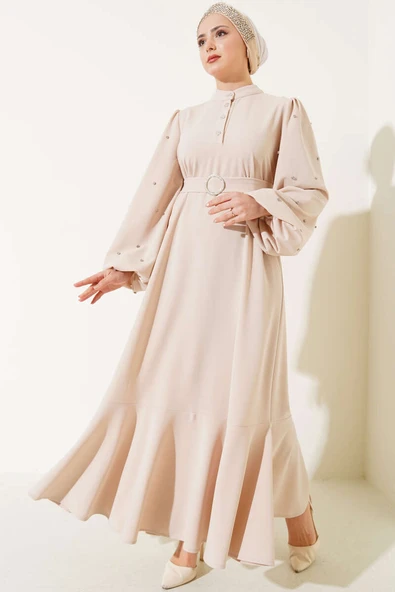 Yarım Taş Düğmeli Volanlı Elbise Taş ürün görseli 1