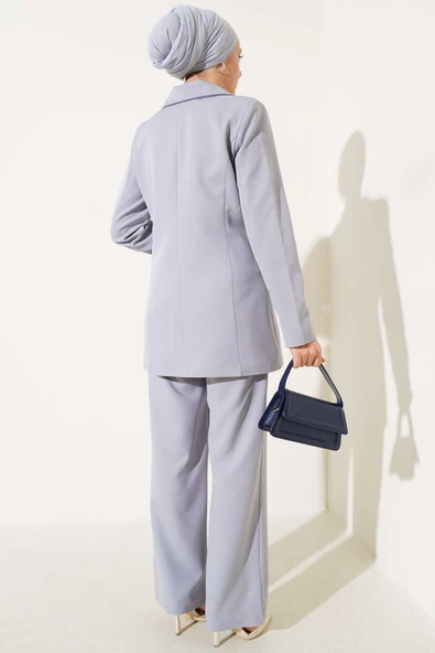 Ceketli Kruvaze Yaka İkili Takım Gri - Resim 3