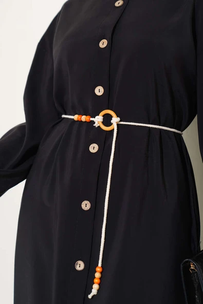 Boydan Tahta Düğmeli Tensel Elbise Siyah - 4