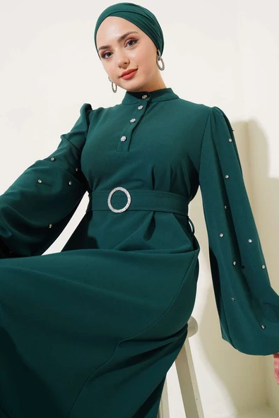 Yarım Taş Düğmeli Volanlı Elbise Zümrüt - Resim 2