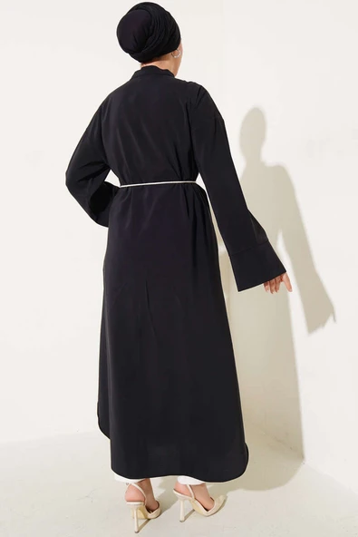 Boydan Tahta Düğmeli Tensel Elbise Siyah - 3