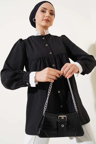 Yaka Brodeli Çizgili Gömlek Siyah ürün görseli 1