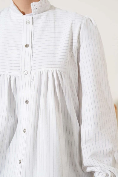 Yaka Brodeli Çizgili Gömlek Beyaz - Resim 4