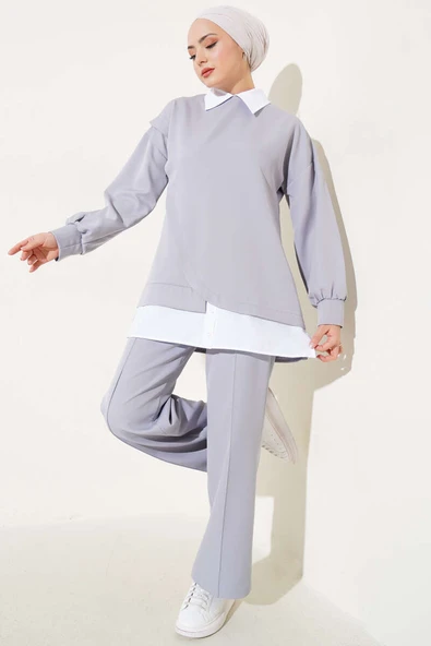 Gömlek Garnili Tunik İkili Takım Gri