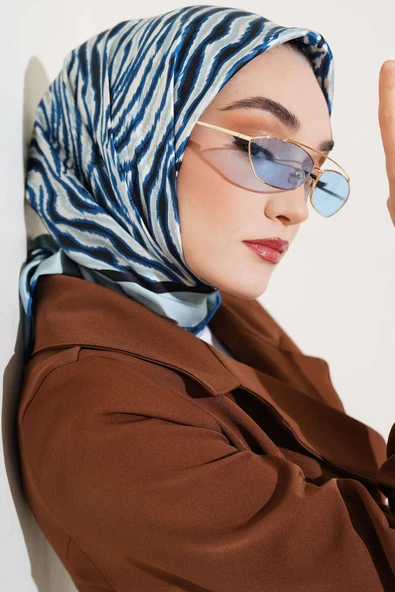 Zebra Desen Saten Eşarp Mavi