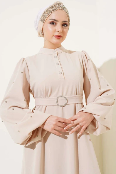 Yarım Taş Düğmeli Volanlı Elbise Taş - Resim 2