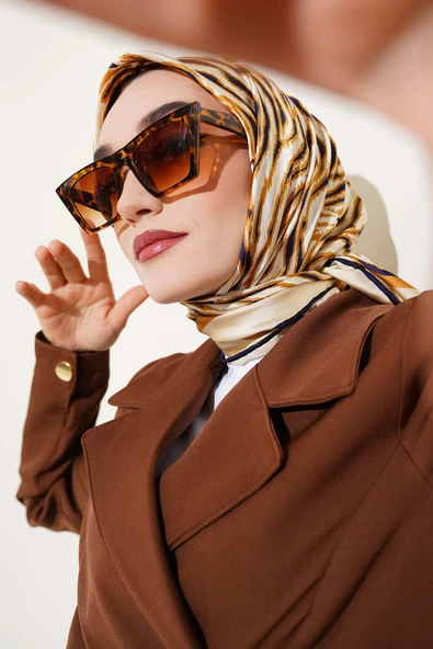 Zebra Desen Saten Eşarp Hardal