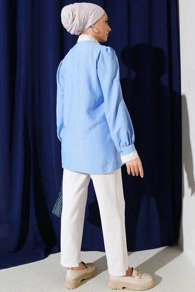 Yaka Brodeli Çizgili Gömlek Mavi - 3