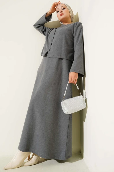 Önü Mini Düğmeli Elbise İkili Takım Füme ürün görseli 1