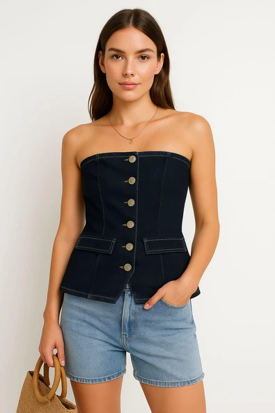 Blue White Kadın Denim Büstiyer - Resim 2