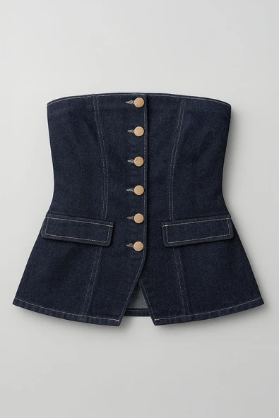 Blue White Kadın Denim Büstiyer - Resim 5