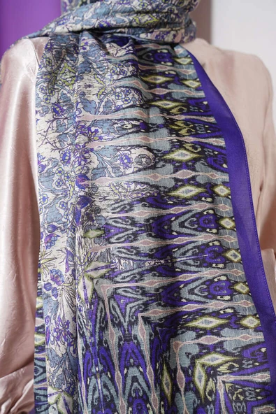 Karışık Desenli Pamuk Şal Mor - Resim 4