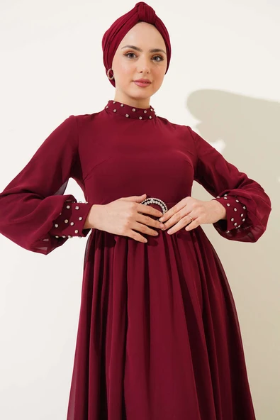 Taş Detaylı Kemerli Şifon Elbise Bordo - Resim 2