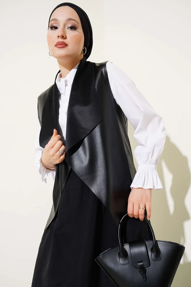 Deri Kısa Yelek Siyah ürün görseli 1