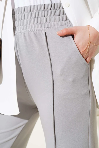 Geniş Bel Lastikli Çımalı Pantolon Gri - Resim 4