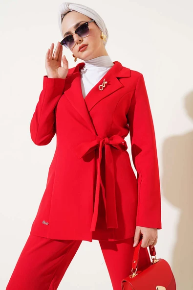 Yanı Bağlamalı Ceketli İkili Takım Kırmızı - Resim 2