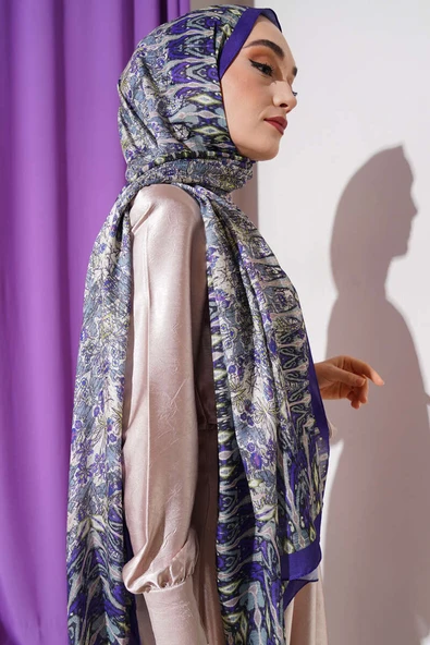 Karışık Desenli Pamuk Şal Mor - Resim 3