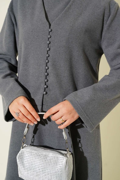 Önü Mini Düğmeli Elbise İkili Takım Füme - Resim 4