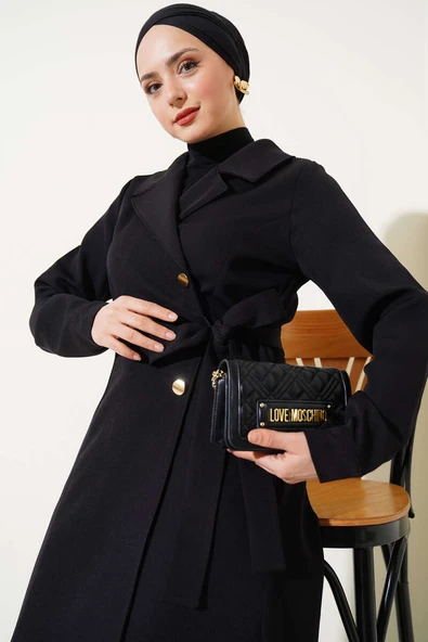 Kruvaze Yaka Yan Bağlamalı Kap Siyah - 2