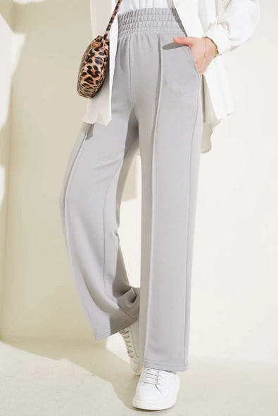 Geniş Bel Lastikli Çımalı Pantolon Gri - Resim 2